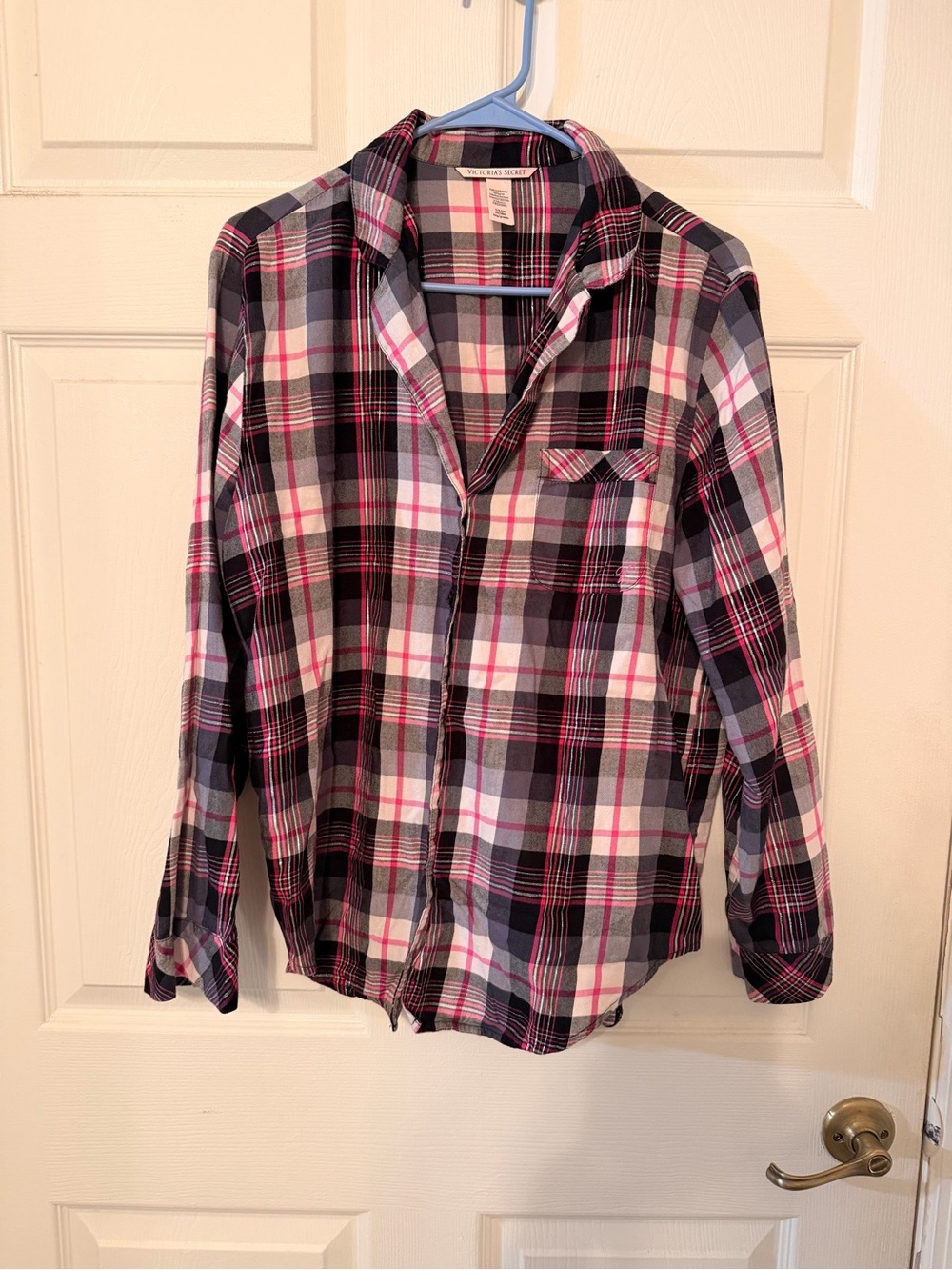Victoria'Small Secret Flannel Long Top Plaid Pink & Black Small